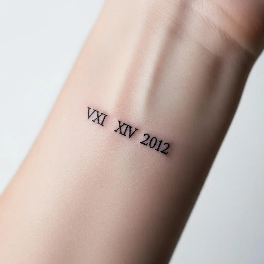 Minimalistisches Roman Numeral Tattoo am Handgelenk in feiner Tinte