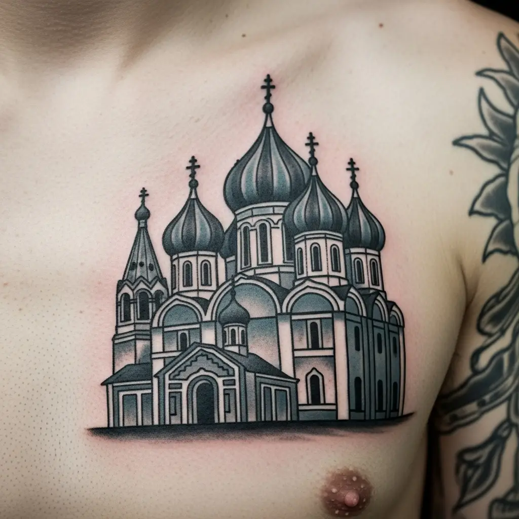 Russian Criminal Tattoo mit orthodoxer Kirche auf der Brust eines Mannes