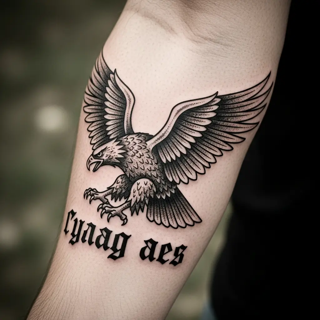 Russian Criminal Tattoo mit Adler und kyrillischer Schrift auf dem Unterarm