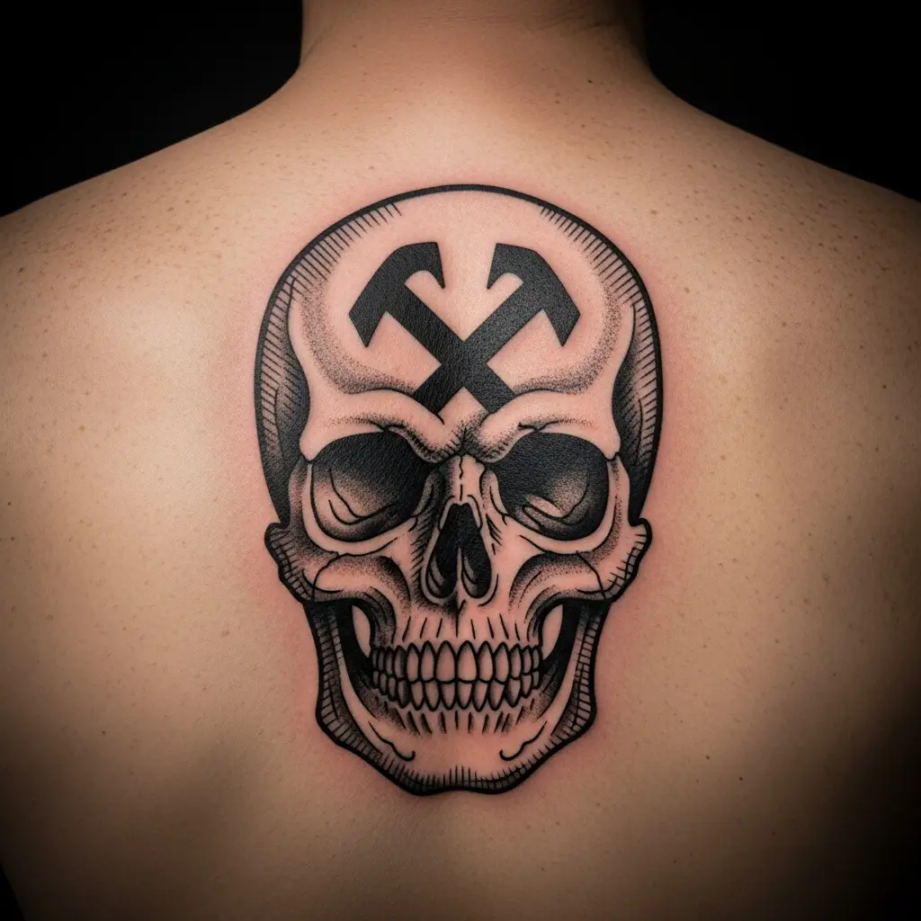 Russian Criminal Tattoo Totenkopf-Motiv mit klassischer Gulag-Linienführung auf dem Rücken
