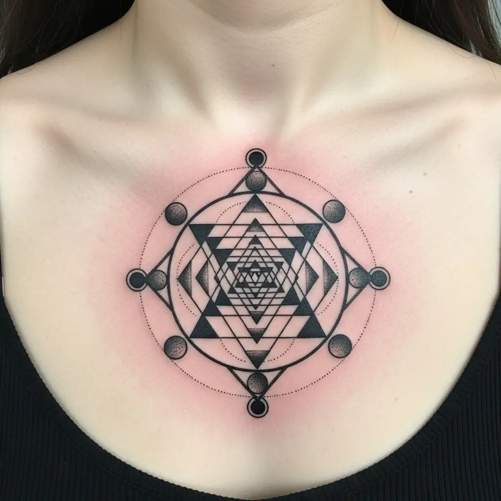 Sacred Geometry Tattoo Sri Yantra Motiv auf dem Brustkorb zentriert