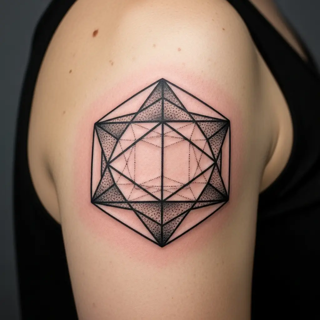 Sacred Geometry Tattoo mit Ikosaeder 3D-Effekt auf dem Oberarm