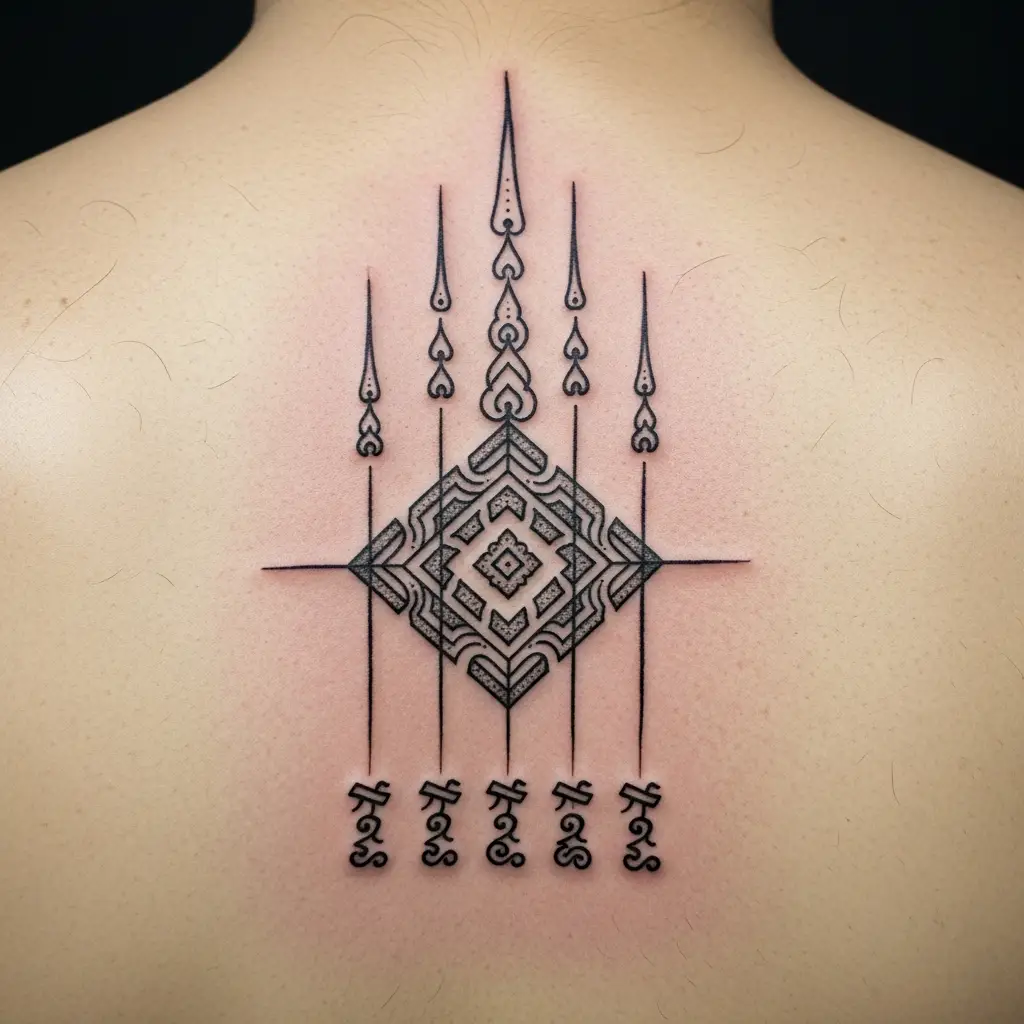 Traditionelles Sak Yant Tattoo mit Hah Taew Fünf-Linien-Symbol auf dem Rücken