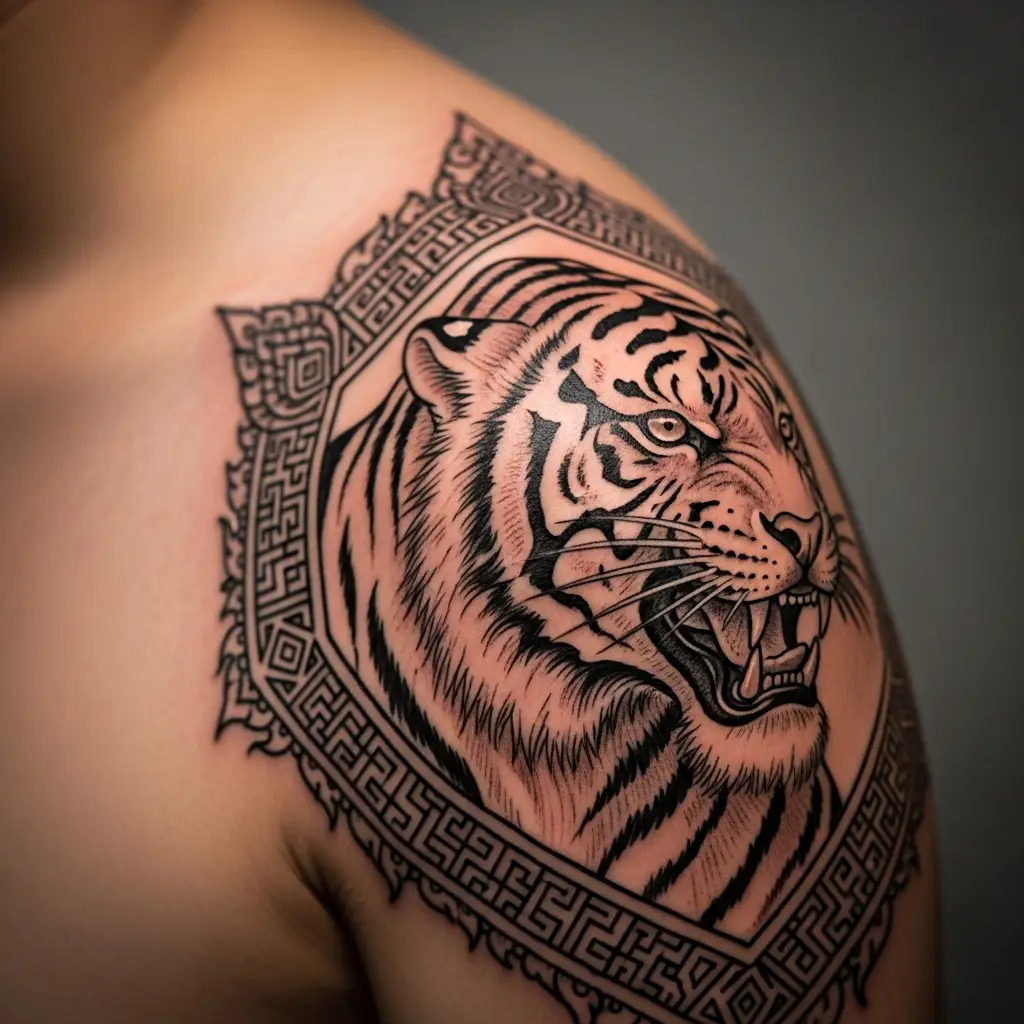 Sak Yant Tiger Suea Tattoo auf der Schulter mit feinen geometrischen Linien