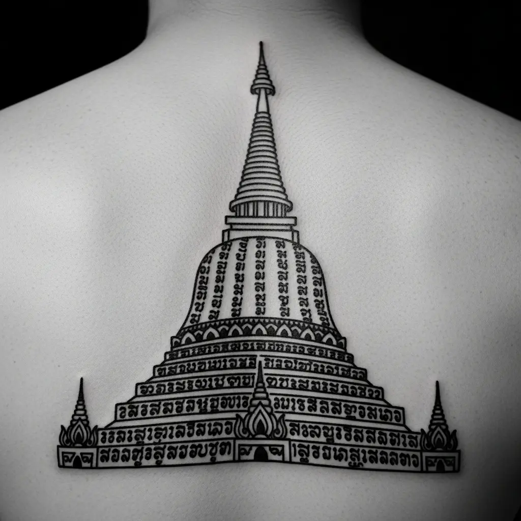 Gao Yord Neun-Spitzen Sak Yant Tattoo auf dem oberen Rücken in feinem Schwarz