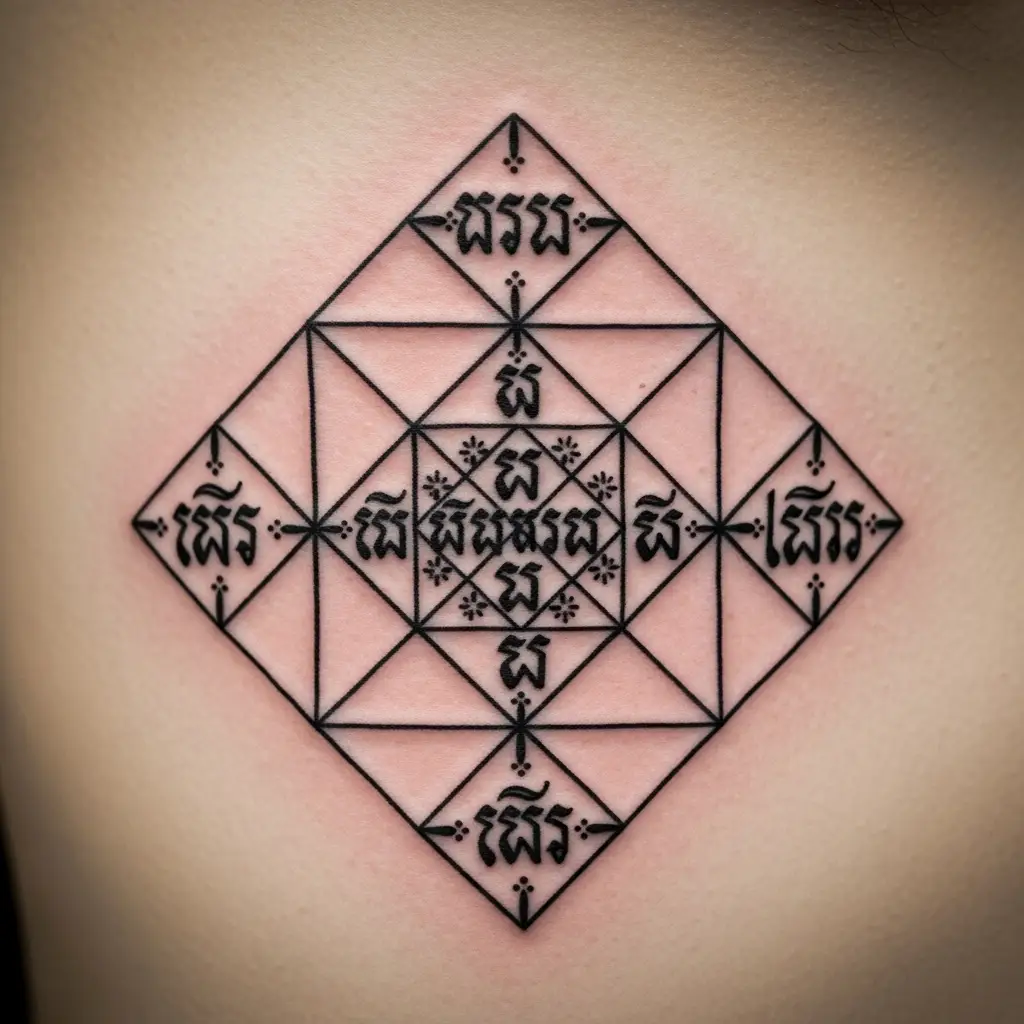 Detailaufnahme eines Sak Yant Yantra-Gitters mit Pali-Schriftzeichen auf der Rippe