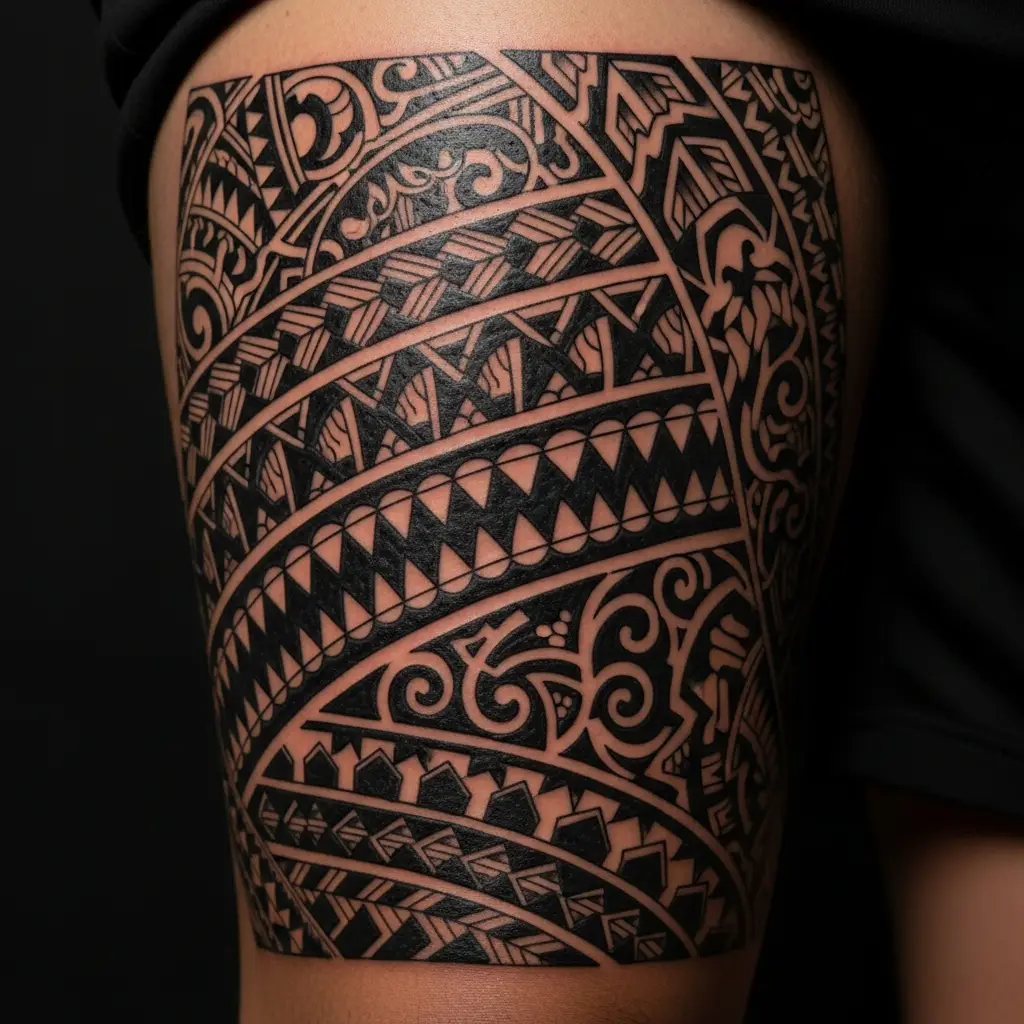 Samoan Tattoo mit traditionellen Haifischzahn-Mustern auf dem Oberschenkel eines Mannes