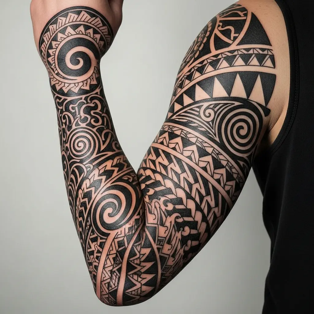 Samoan Tattoo als Sleeve mit geometrischen Bändern und Spiralelementen am Unterarm
