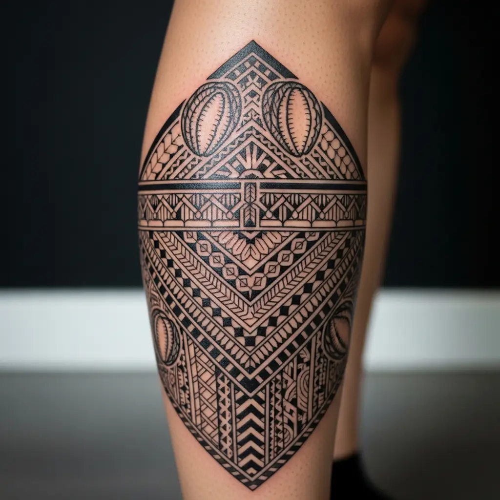 Traditionelles Samoan Malu Tattoo auf der Wade einer Frau mit feinen geometrischen Mustern