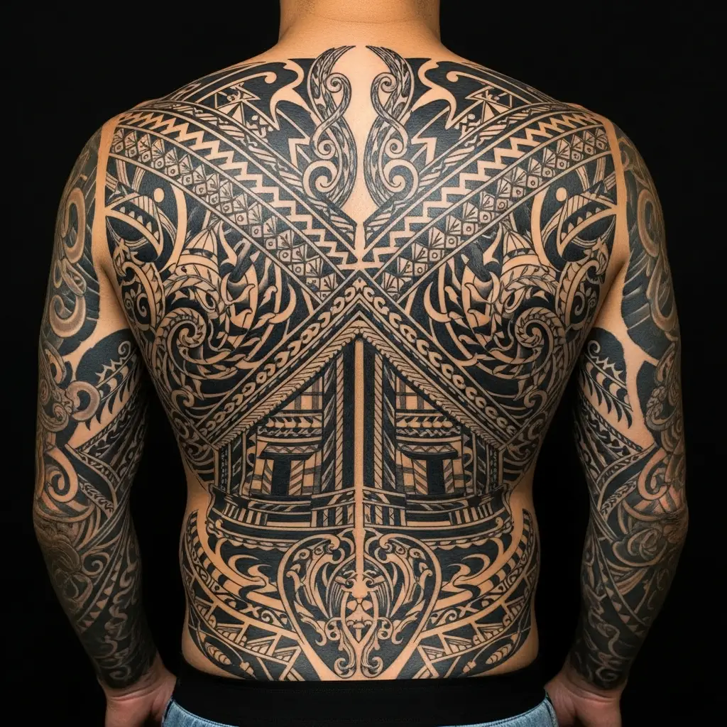 Grossflächiges Samoan Tattoo auf dem Rücken mit symmetrischer Komposition und Schwarzflächen