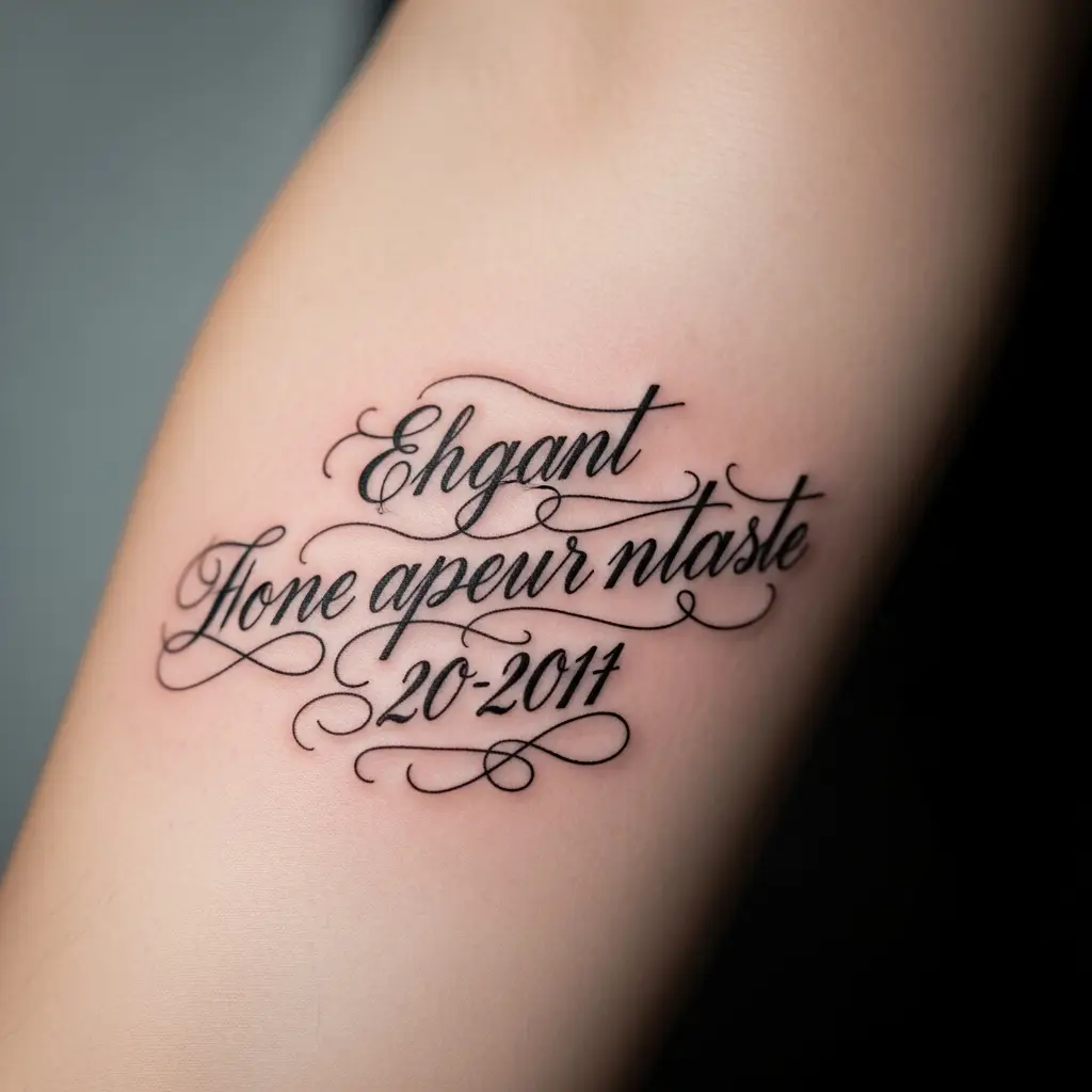Elegantes Script Tattoo mit Copperplate-Schrift am Unterarm einer Frau