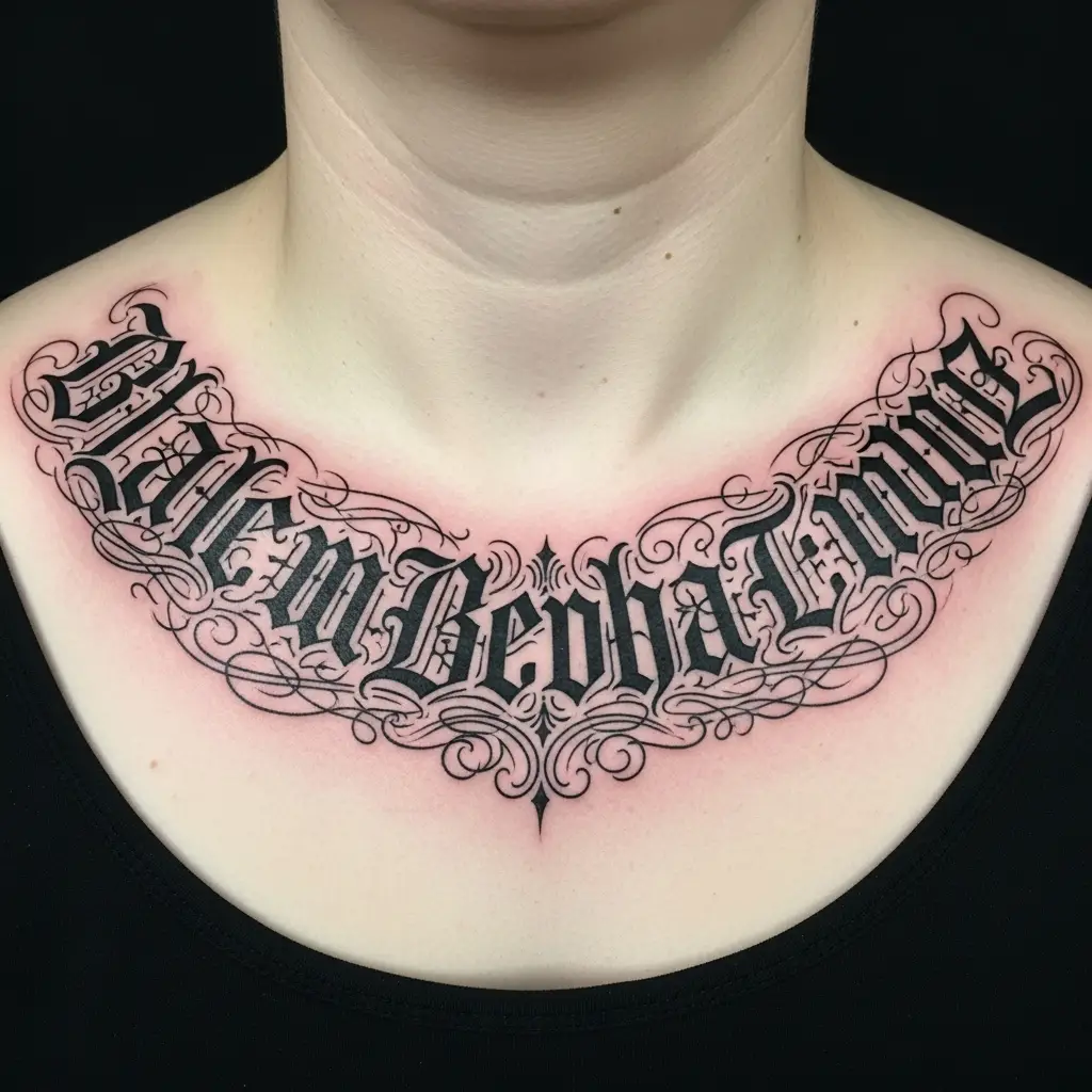 Schwarzes Blackletter Script Tattoo mit Zierschnörkeln auf dem Schlüsselbein