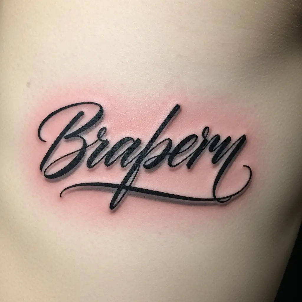 Modernes Brushscript Tattoo mit Schlagschatten auf dem Rippenbereich
