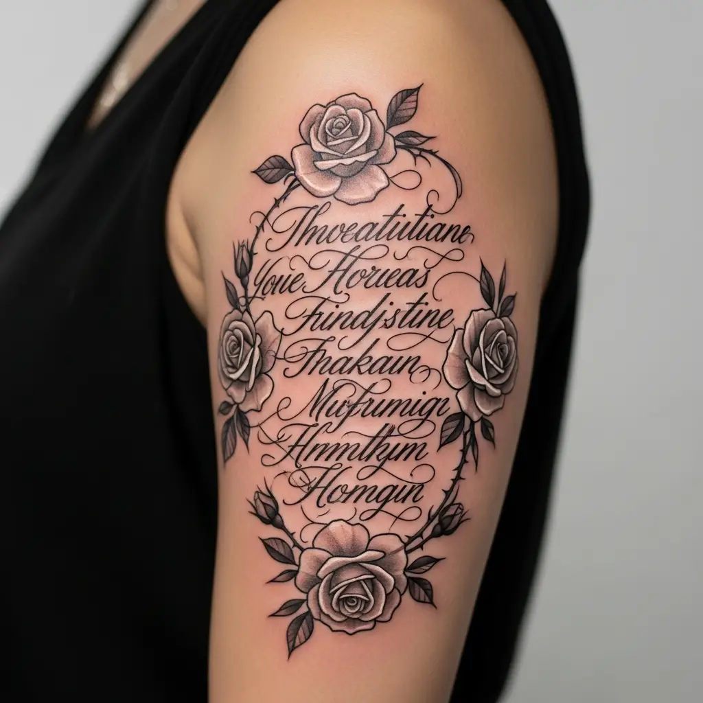 Mehrzeliges Script Tattoo mit floralen Elementen auf dem Oberarm