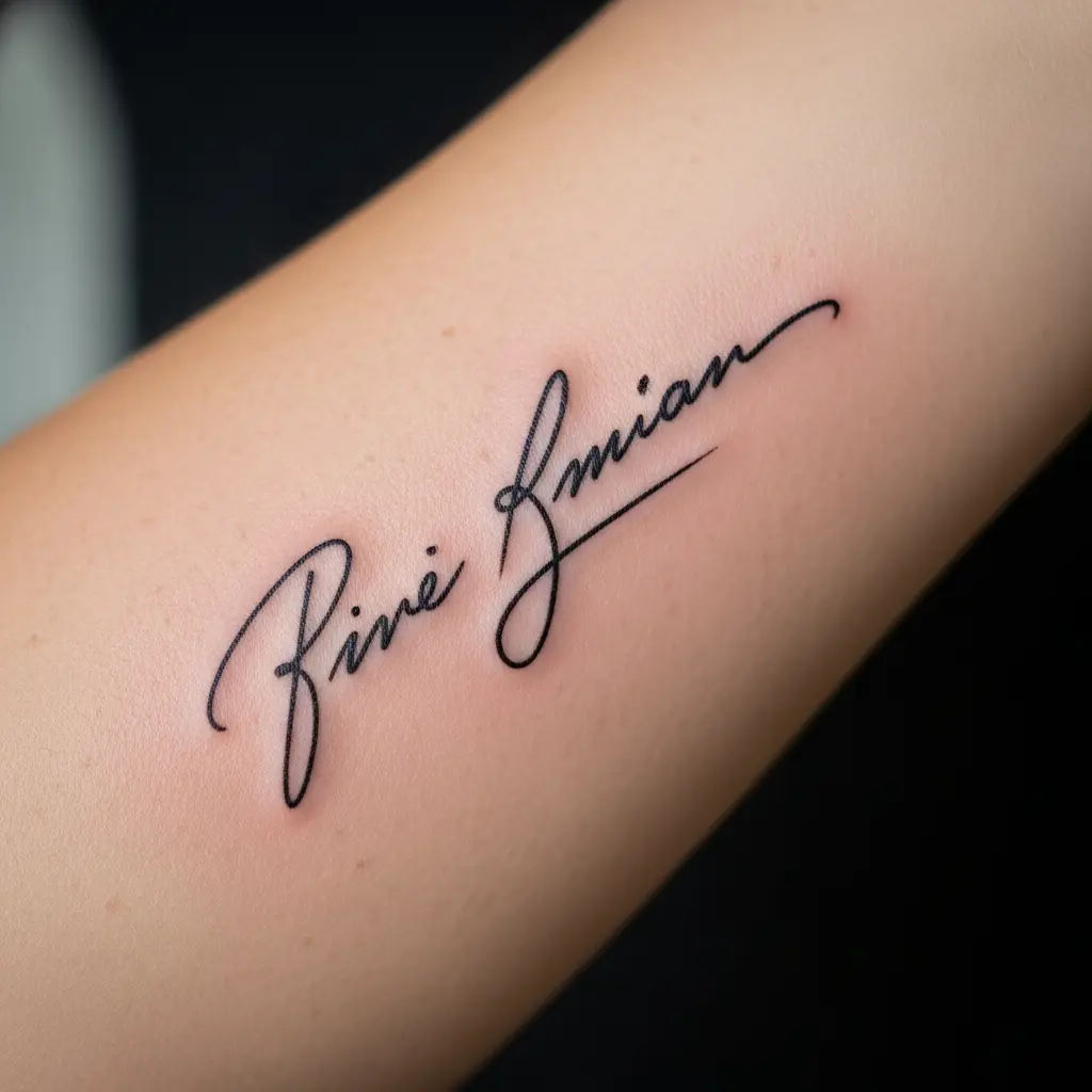 Signature Tattoo mit elegantem Namenszug auf dem Unterarm einer Frau