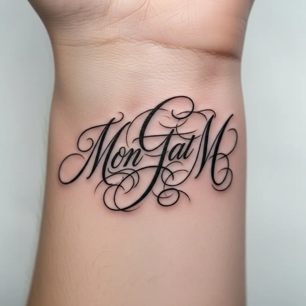 Signature Tattoo als Monogramm mit feinen Schwüngen auf dem Handgelenk