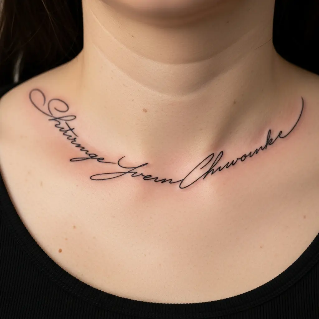 Signature Tattoo mit persönlicher Unterschrift als Erinnerung auf dem Schlüsselbein