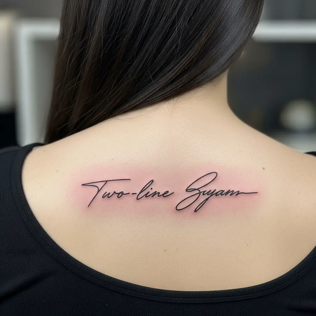 Signature Tattoo mit zweizeiligem Schriftzug und zartem Grau-Wash am Rücken
