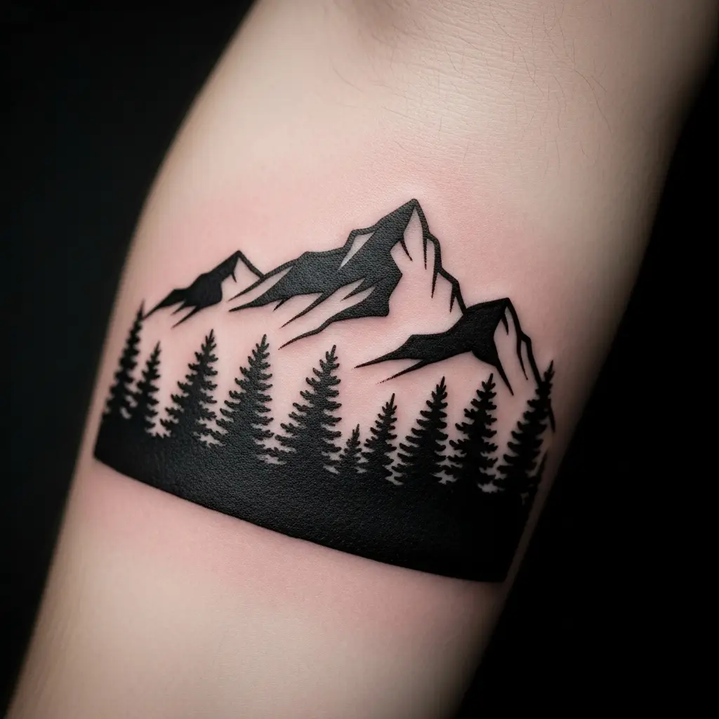Silhouette Tattoo einer Berglandschaft in sattem Schwarz auf dem Unterarm