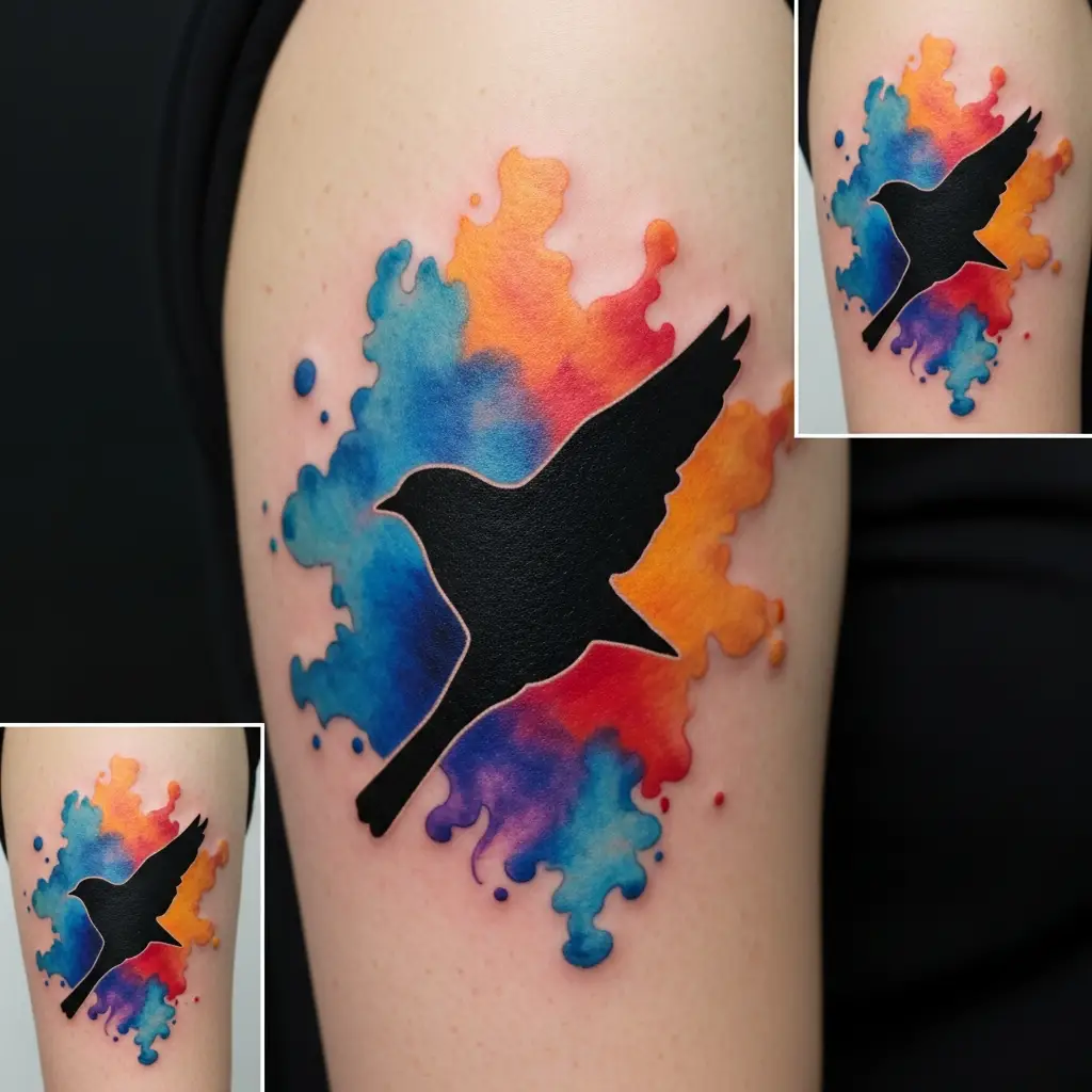 Schwarze Vogelsilhouette als Tattoo mit Aquarellhintergrund in Blau und Orange