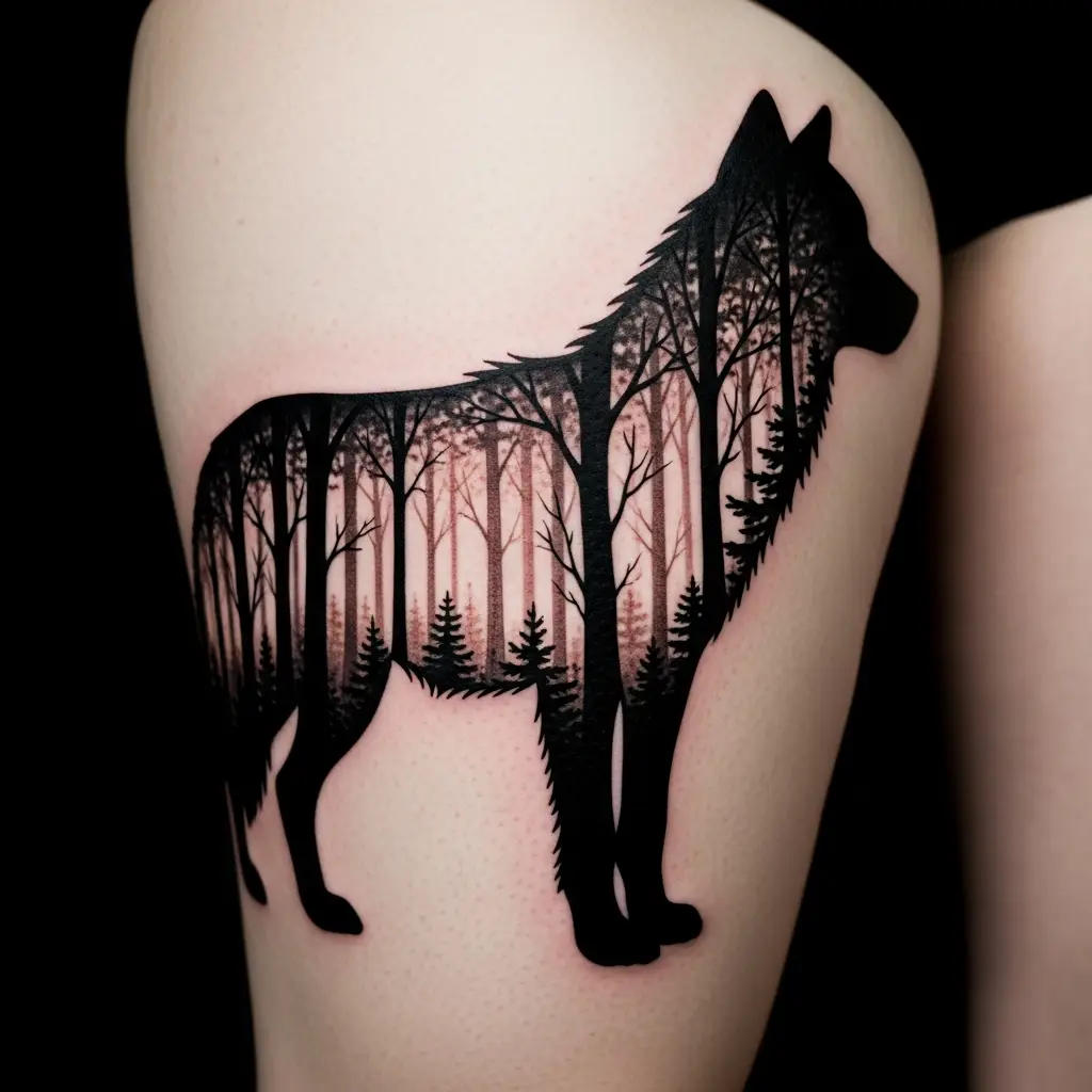 Silhouette Tattoo eines Wolfes mit Negativespace-Wald auf dem Oberschenkel