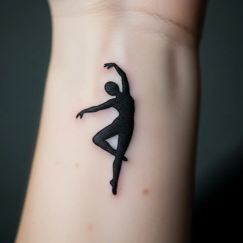 Elegante menschliche Tanzfigur als schwarzes Silhouette Tattoo am Handgelenk