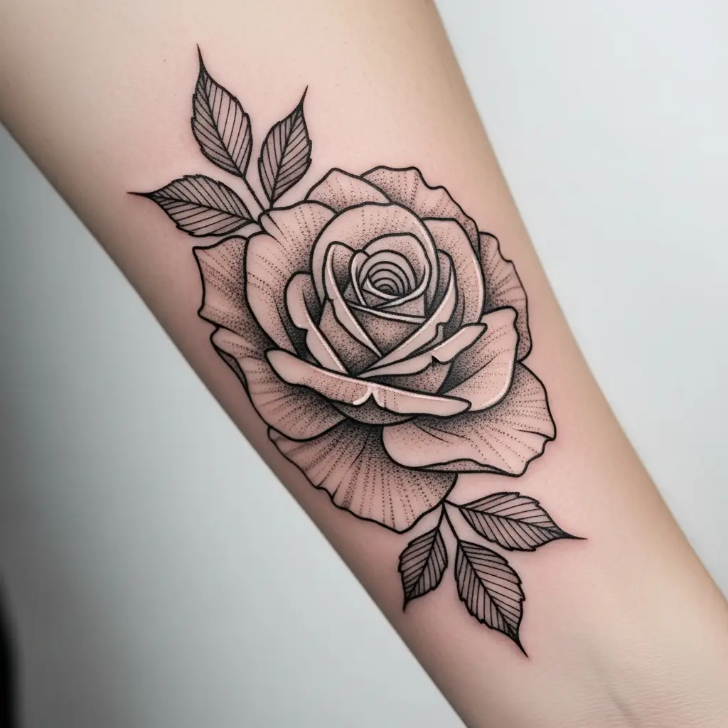 Single Needle Tattoo mit feinem botanischen Rosenmotiv am Unterarm