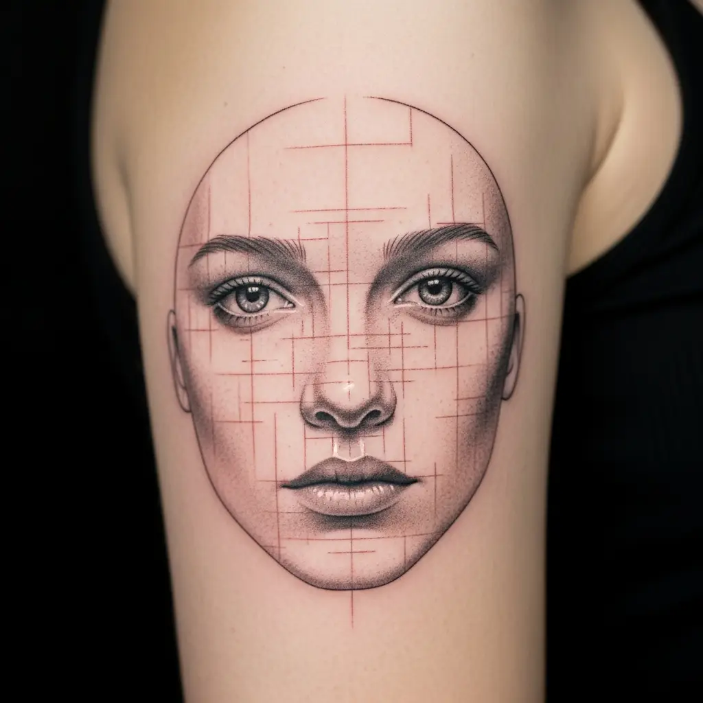 Single Needle Tattoo eines feinen Porträts mit Schraffur-Schattierung am Oberarm
