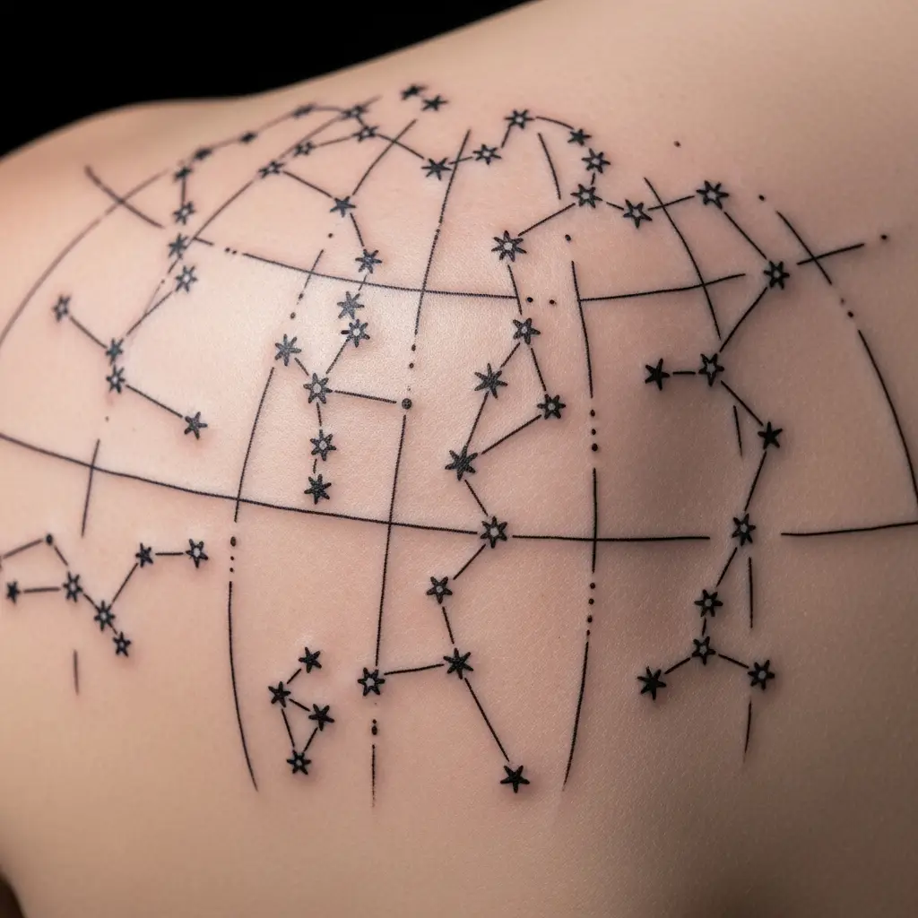 Zarte Single Needle Sternkarte als Tattoo auf dem Schulterblatt