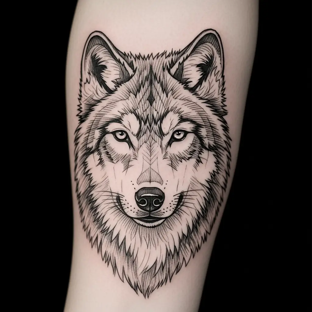 Sketch Realism Tattoo eines Wolfsportraits mit Bleistift-Schraffuren auf Unterarm