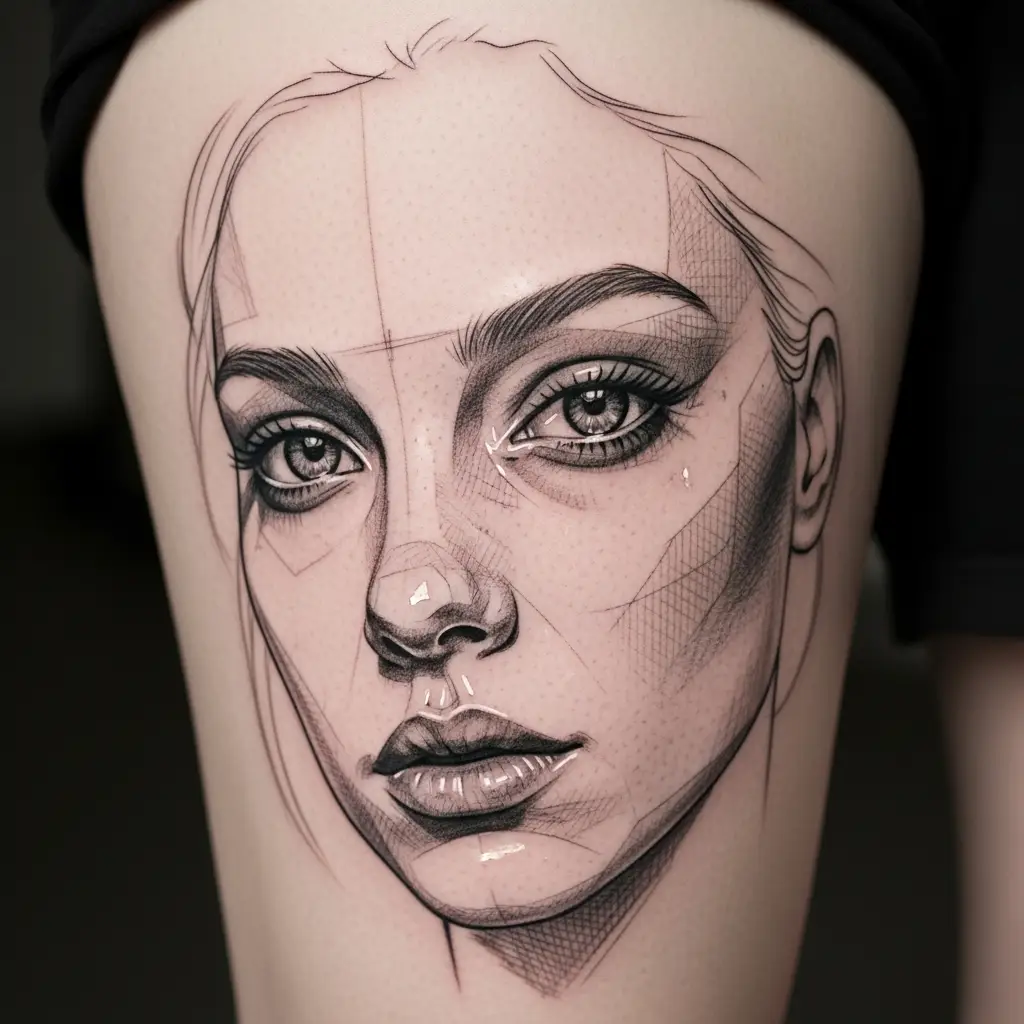 Sketch Realism Tattoo mit weiblichem Portrait und offenen Konturen auf Oberschenkel