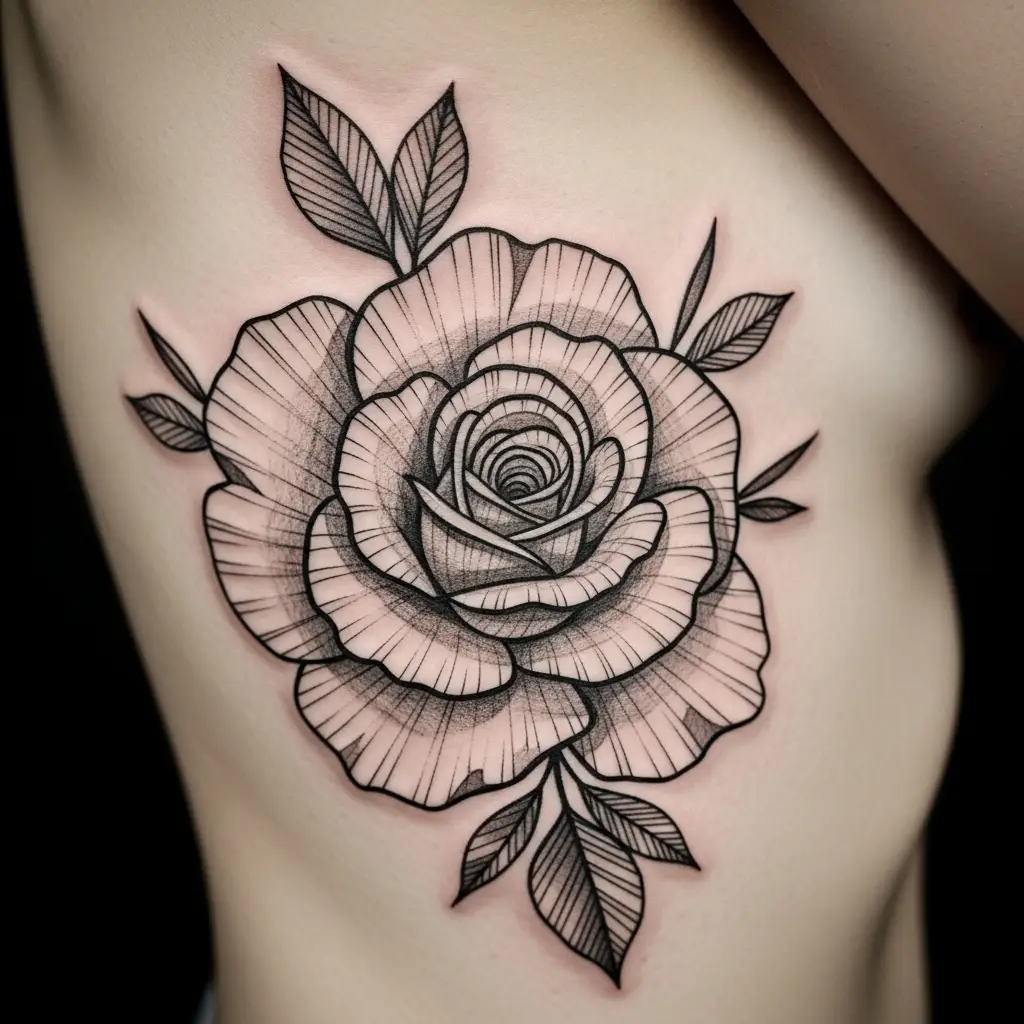 Botanisches Sketch Realism Tattoo mit Rosendetail und Schraffurtechnik auf Rippen