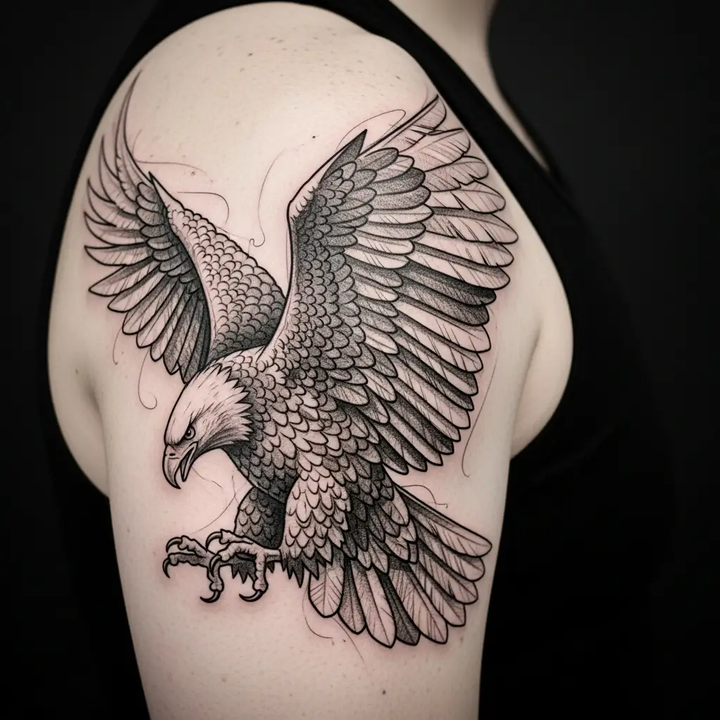 Sketch Realism Adler-Tattoo mit dynamischen Linien und Tiefenwirkung auf Schulter