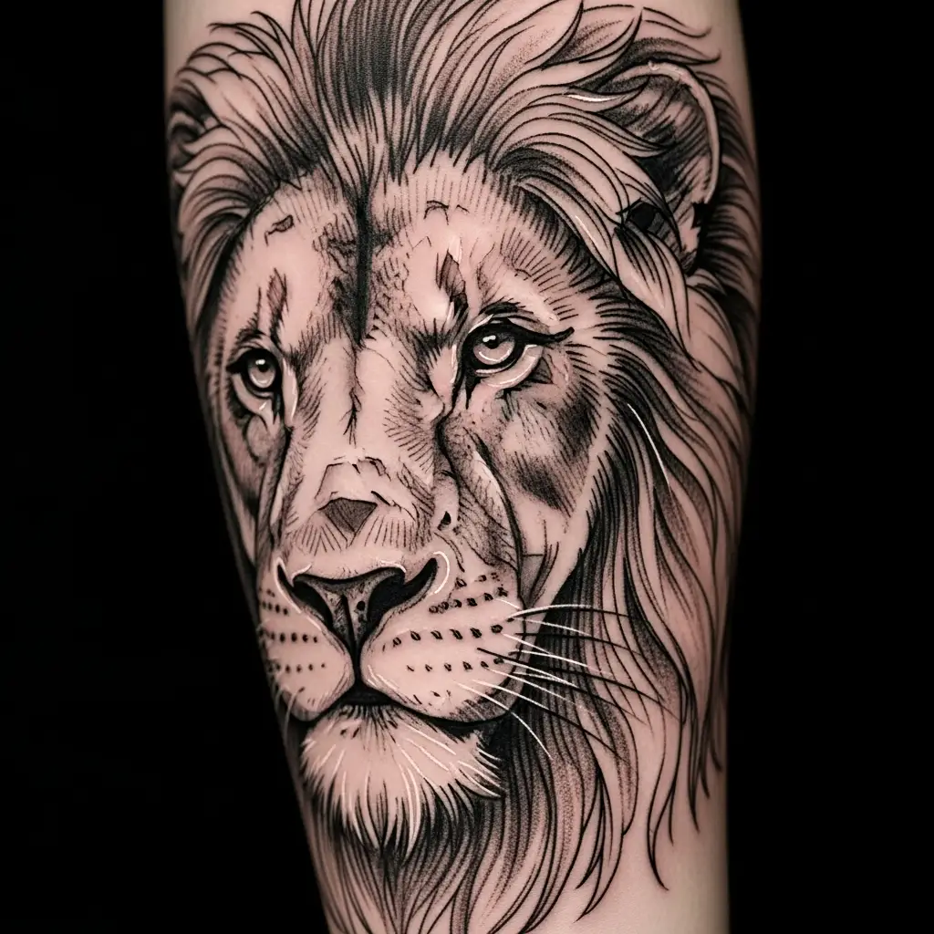 Sketch Style Tattoo eines Löwen mit Schraffuren auf dem Unterarm