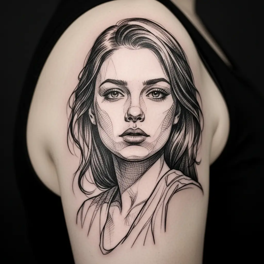 Sketch Style Tattoo eines weiblichen Porträts auf dem Schulterblatt