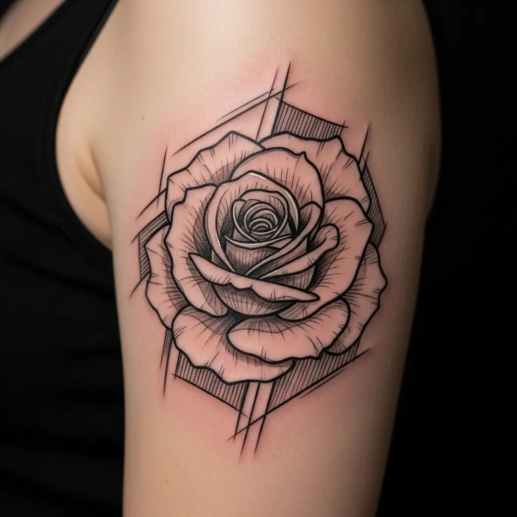 Sketch Style Tattoo einer Rose mit offenen Linien auf dem Oberarm