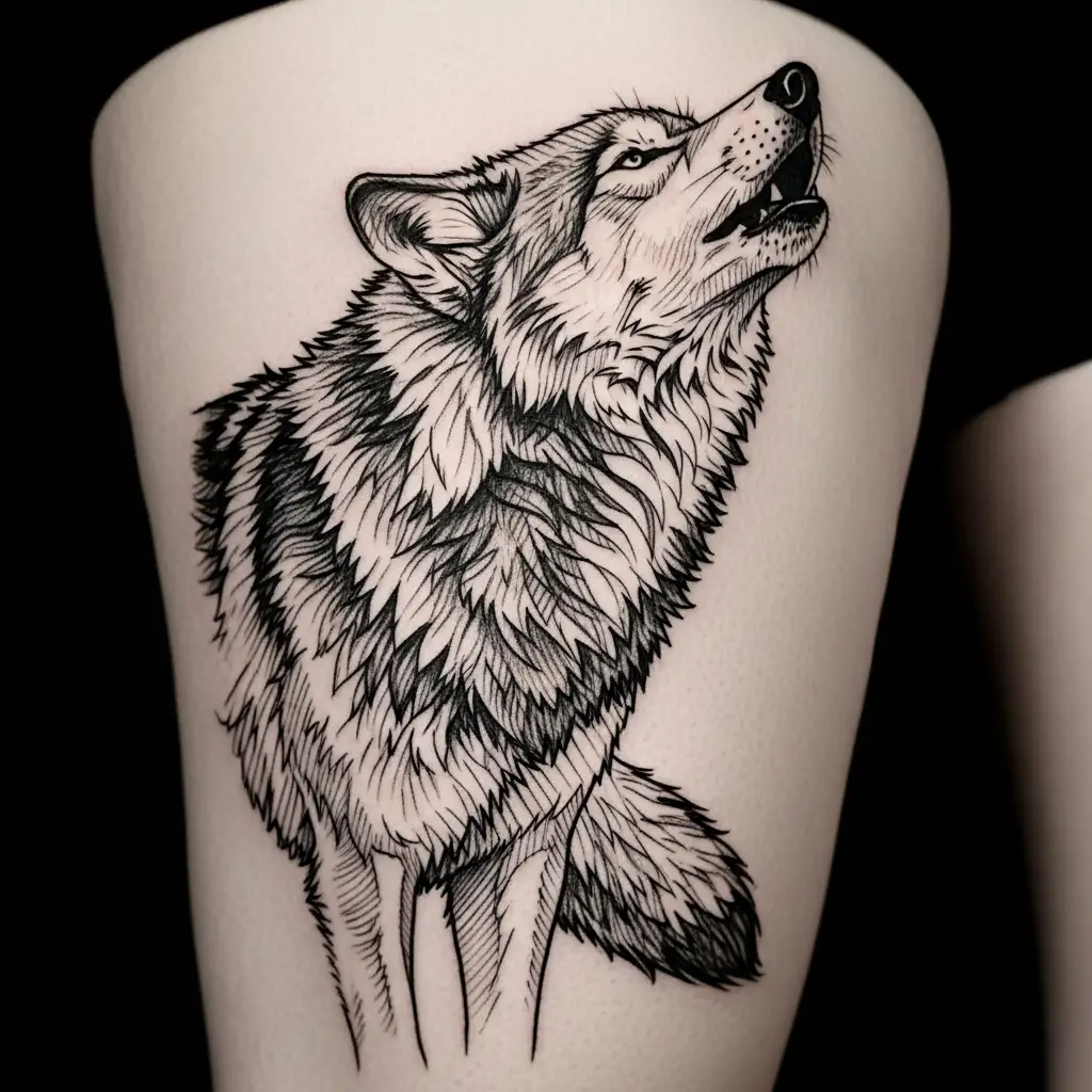 Sketch Style Tattoo eines Wolfes mit Schraffur-Schattierung auf dem Oberschenkel