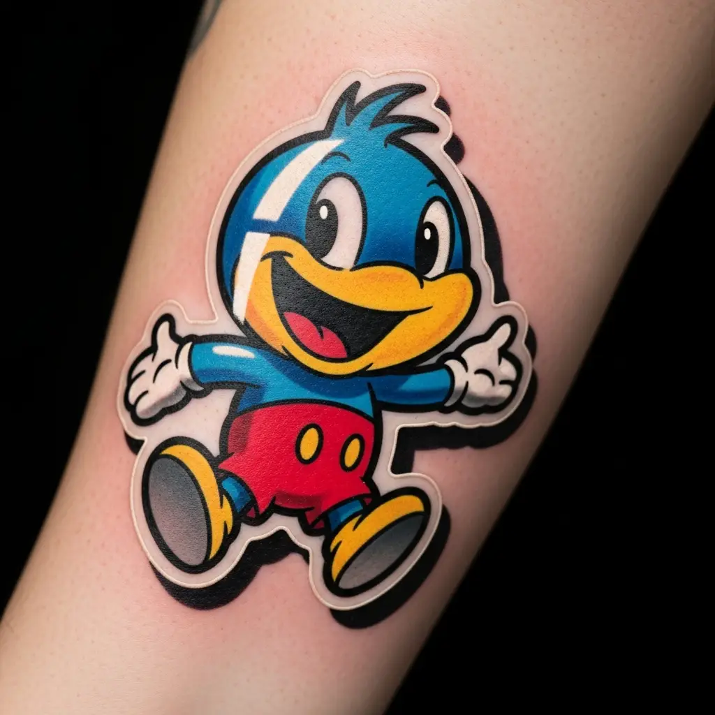 Buntes Sticker Tattoo mit Cartoon-Charakter und schwarzer Outline am Unterarm