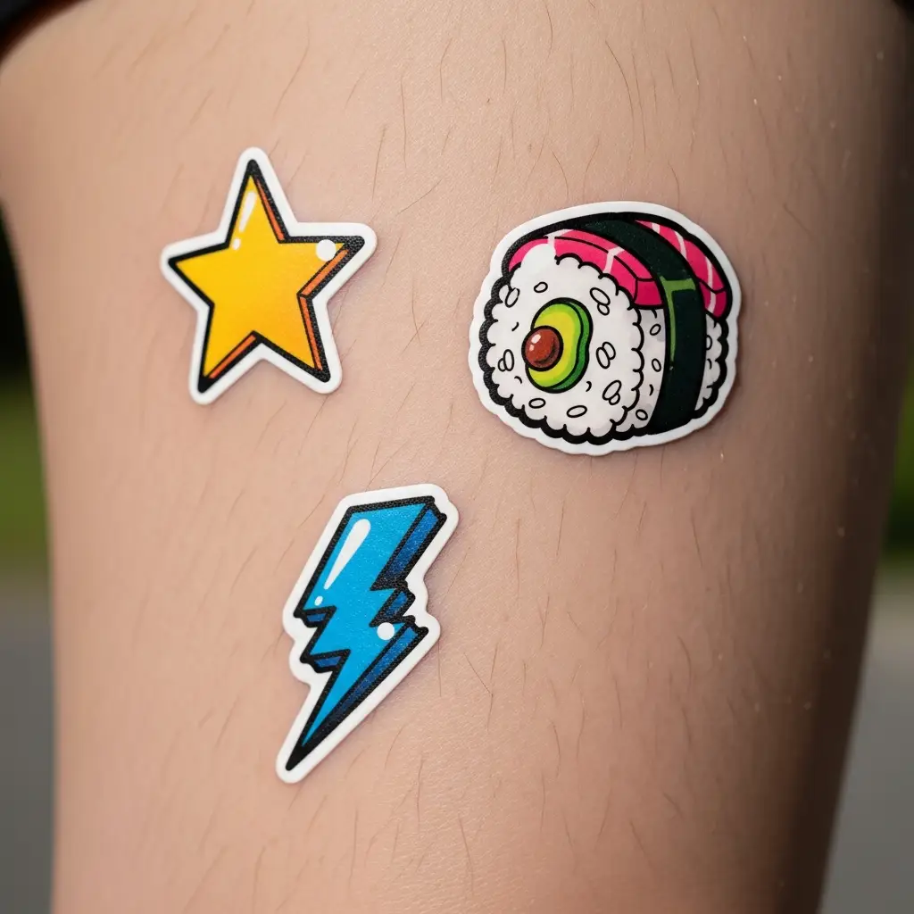 Sticker Tattoo Sammlung mit mehreren kleinen Motiven auf dem Oberschenkel