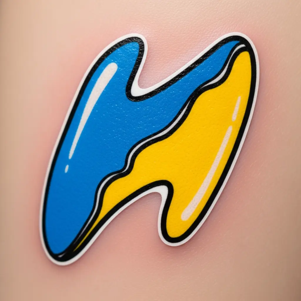 Detailaufnahme eines frischen Sticker Tattoos mit glänzendem Highlight-Effekt und Outline