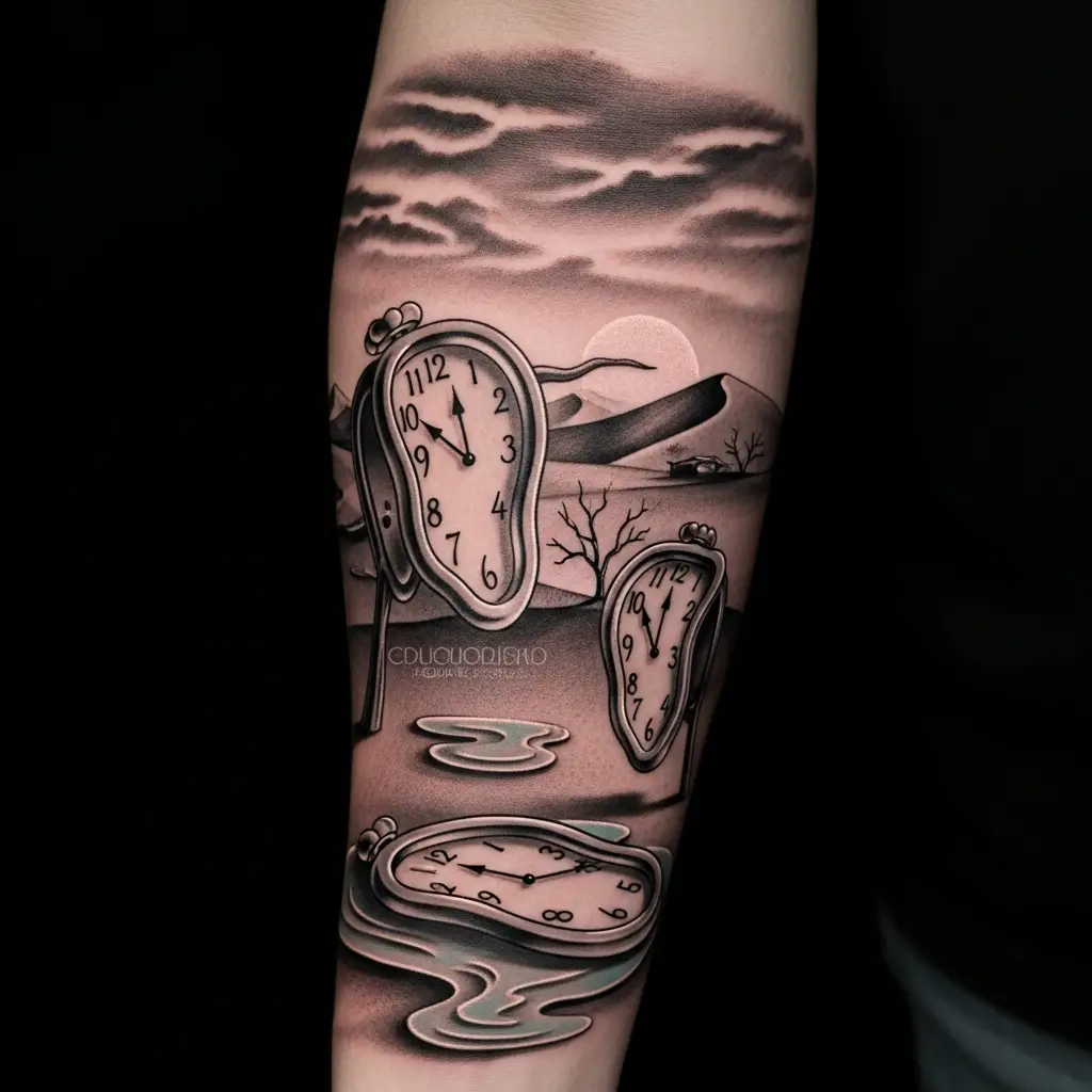 Surrealism Tattoo mit schmelzenden Uhren und surrealer Landschaft auf dem Unterarm