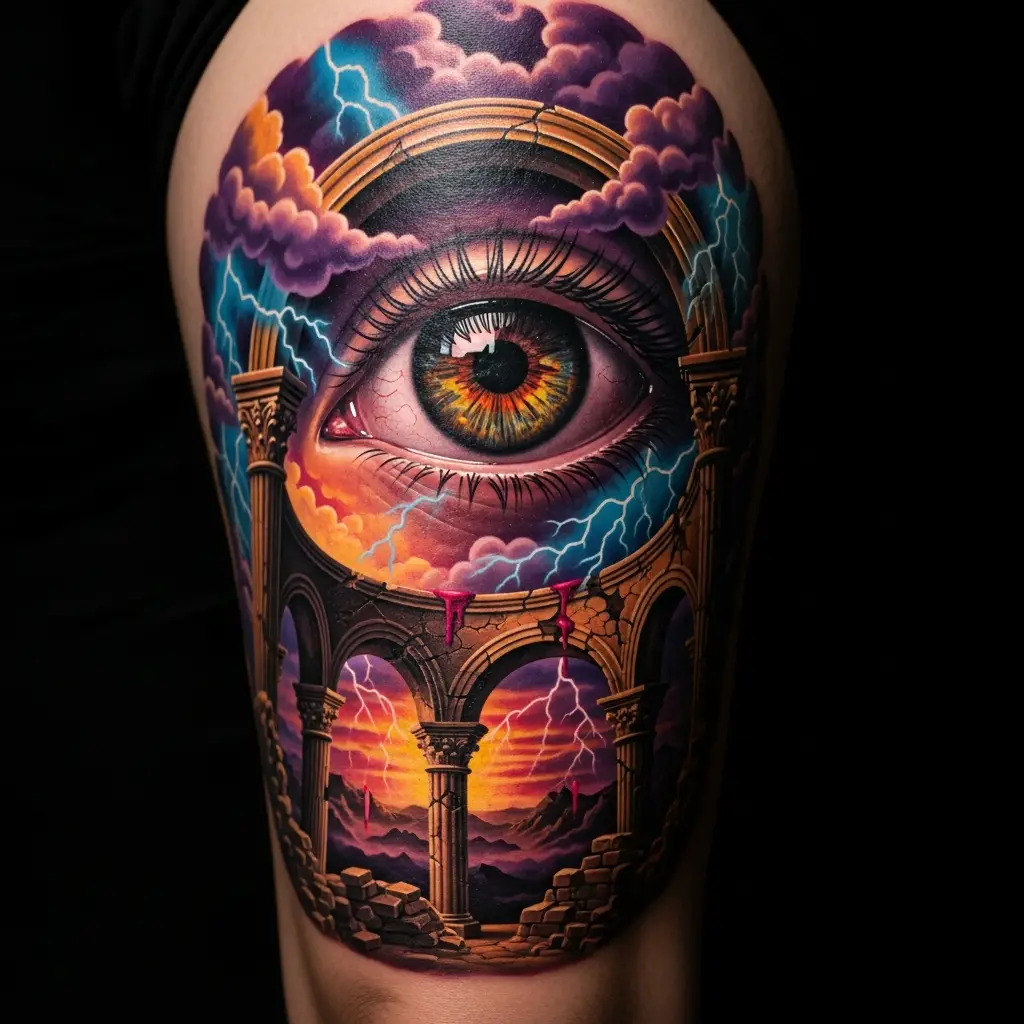 Surrealism Tattoo mit schwebendem Auge in Wolkenlandschaft auf dem Oberschenkel