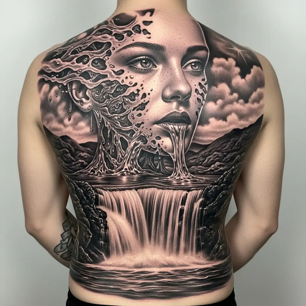 Surrealism Tattoo zeigt Gesicht das sich in Wasserfall auflöst auf dem Ruecken