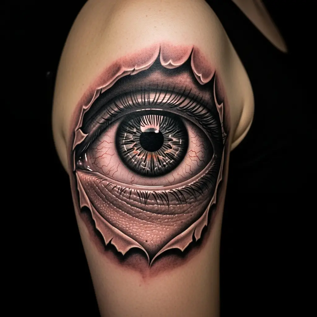 Surrealism Tattoo mit Trompe-l-oeil Hautfenster und Auge darunter auf dem Oberarm