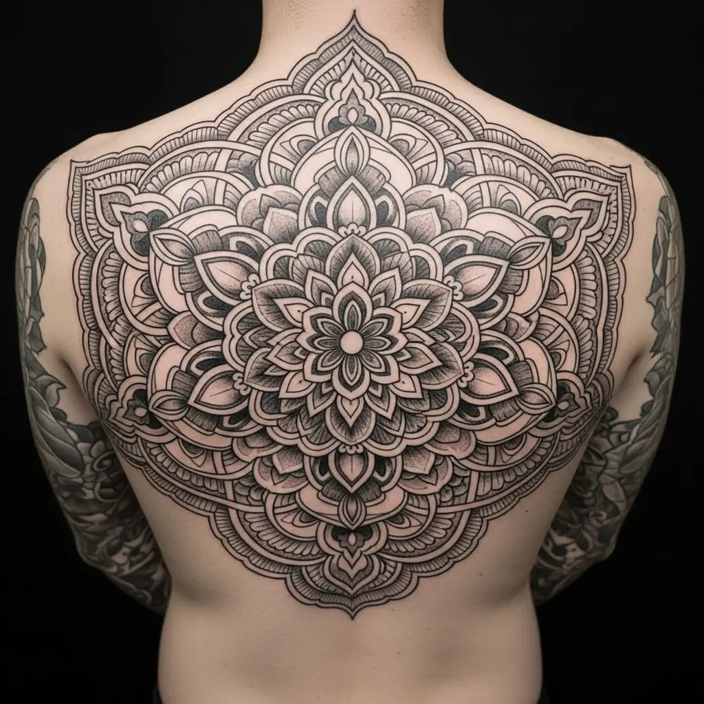 Symmetry Tattoo mit gespiegeltem Mandala-Muster auf dem Rücken