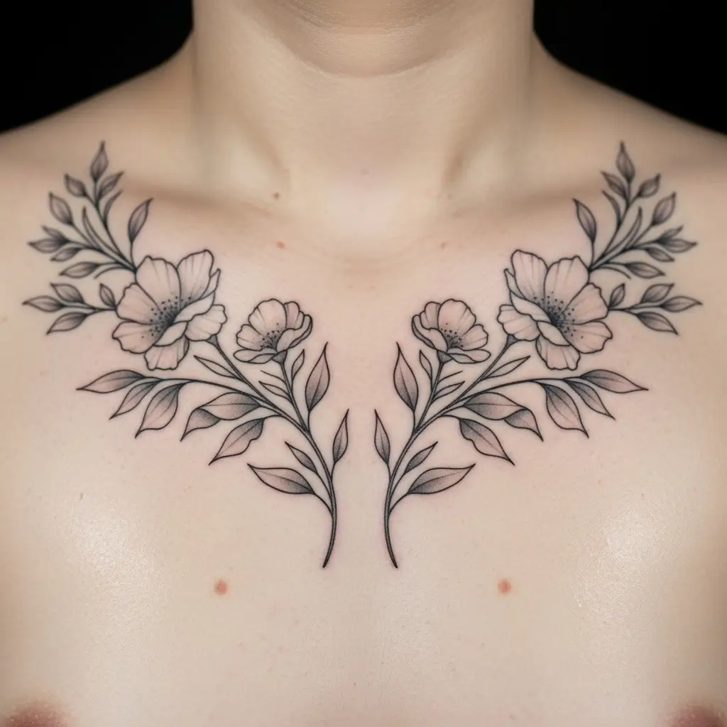 Symmetry Tattoo mit gespiegelten floralen Ranken auf der Brust