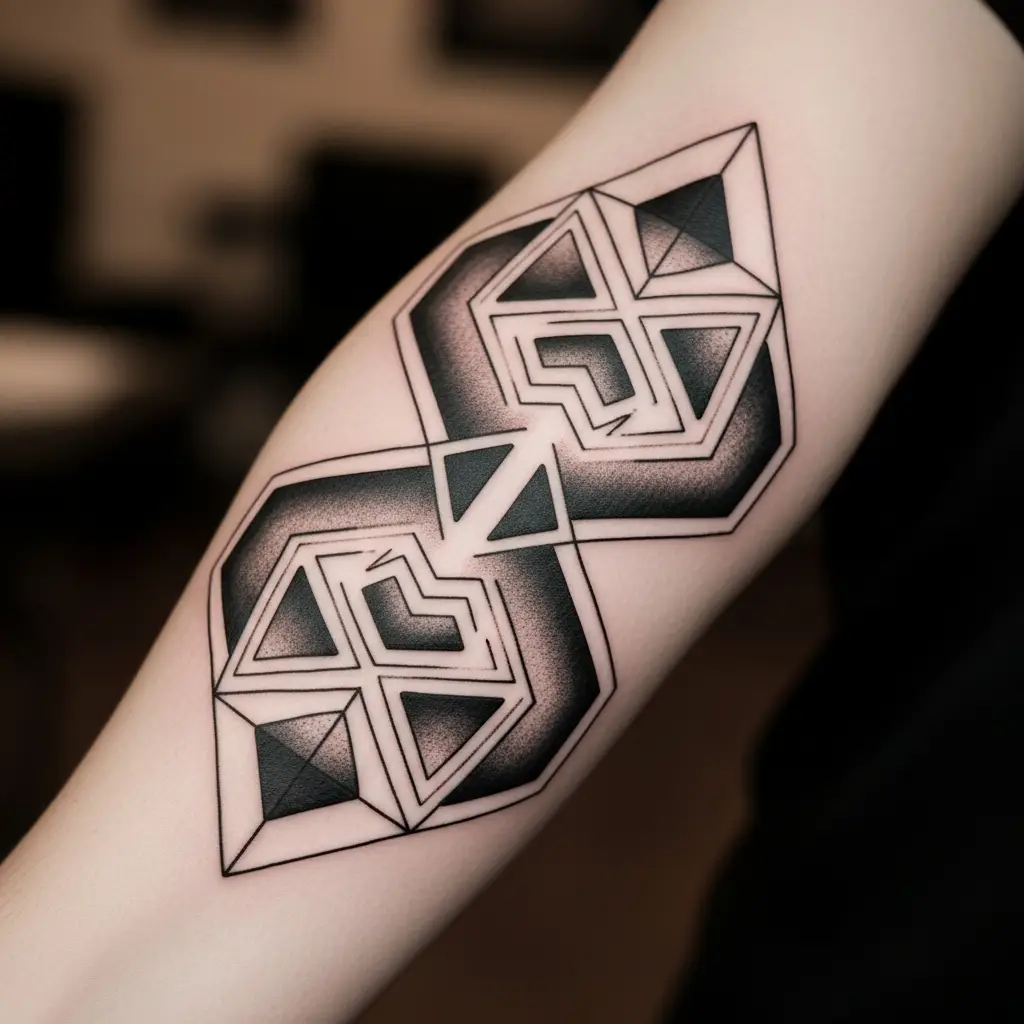 Geometrisches Symmetry Tattoo mit gespiegelten Dreiecken am Unterarm