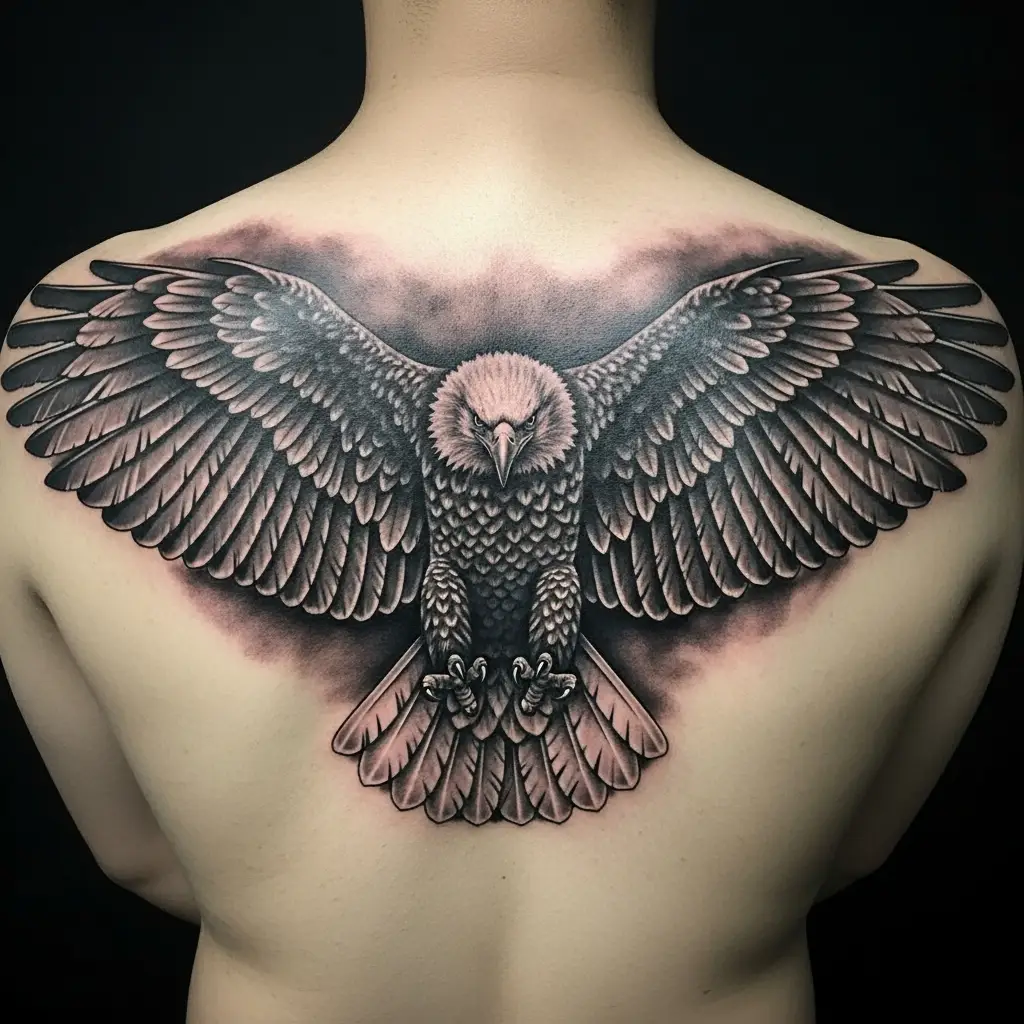 Symmetry Tattoo eines gespiegelten Adlers auf dem oberen Rücken