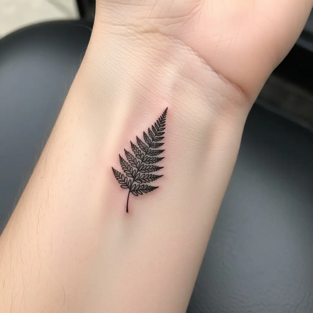 Tiny Tattoo mit feinem Botanik-Motiv auf dem Handgelenk einer Frau