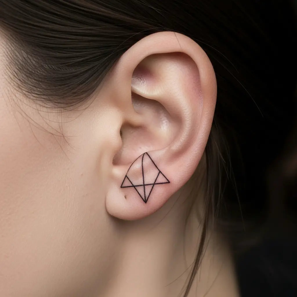 Kleines geometrisches Tiny Tattoo hinter dem Ohr in schwarzer Tinte